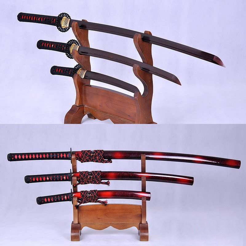 Hand Forged Black and Red Folded Steel Samurai Sword Set Katana Wakizashi & Tanto