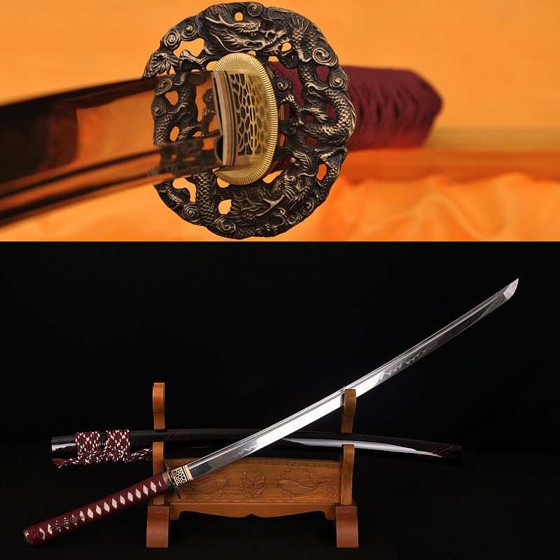 Hand Forged Folded Damascus Steel Clay Tempered Blood Dragon Katana Samurai Sword