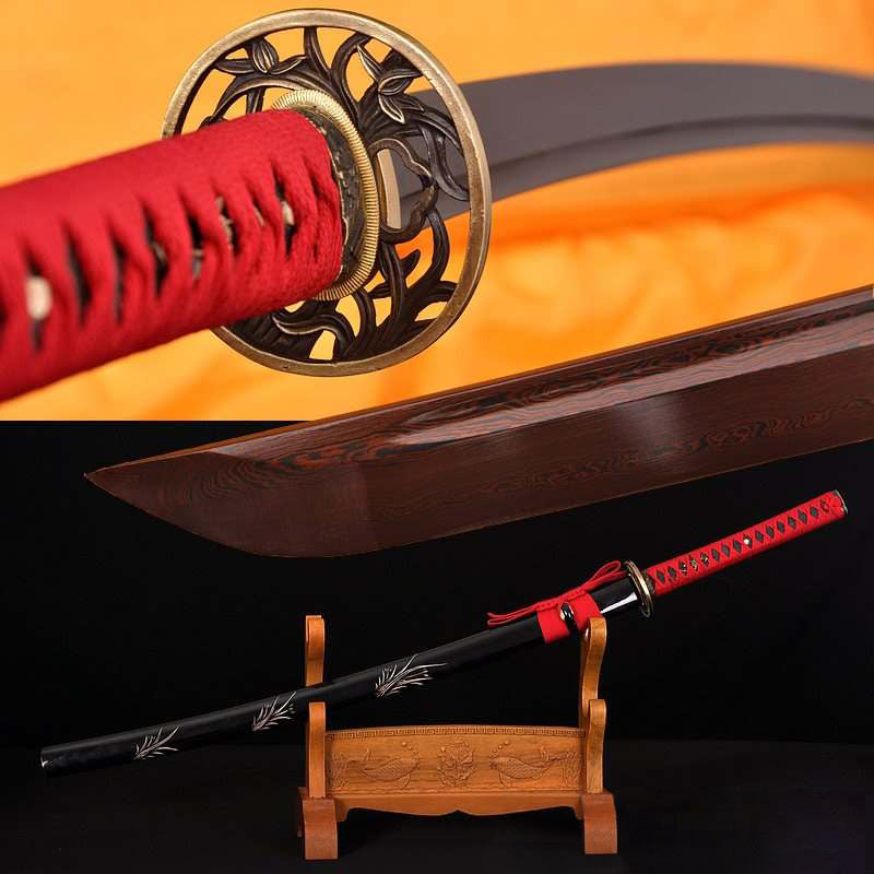 Hand Forged Black and Red Folded Damascus Steel Hand Carved Saya Katana Sword