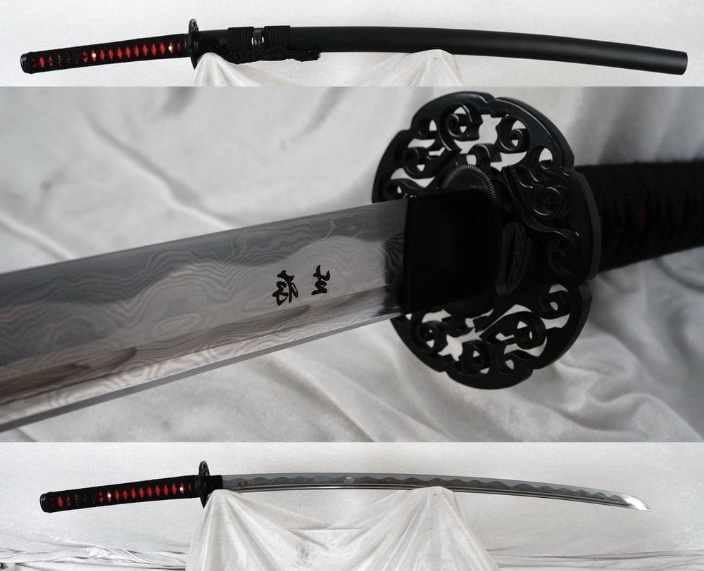 a custom katana with a black and red tsuka