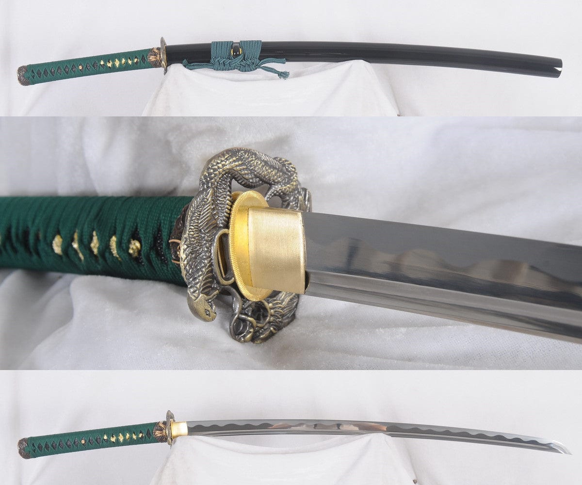 a custom katana with a green tsuka
