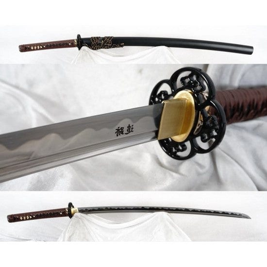 a custom katana with a dark brown tsuka
