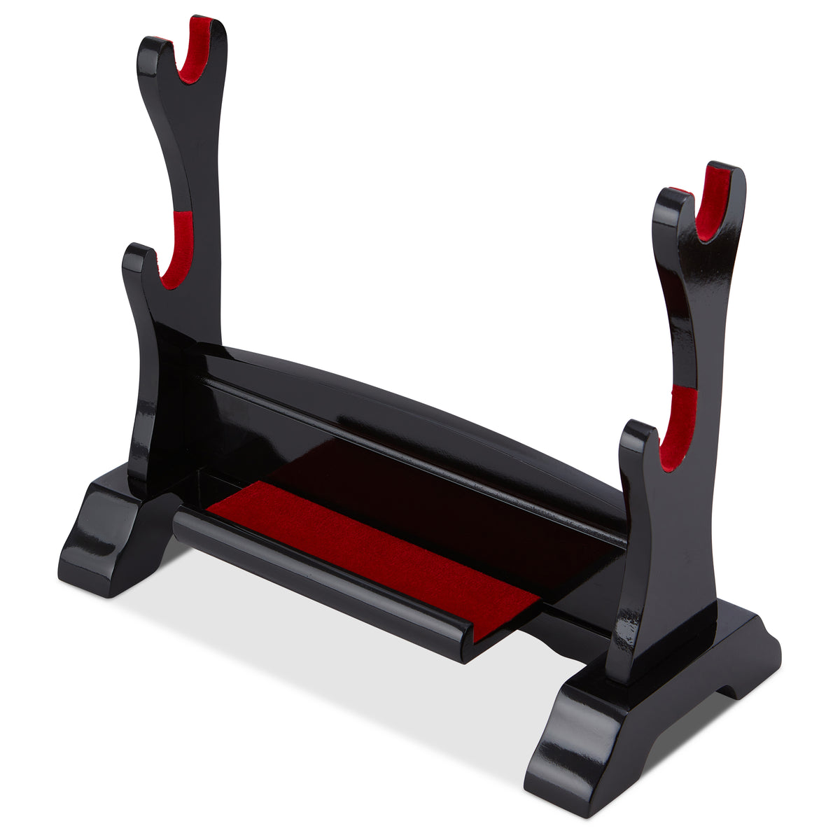 Double or Two Tiered Sword Display Stand made of Black Lacquered Wood and Red Felt