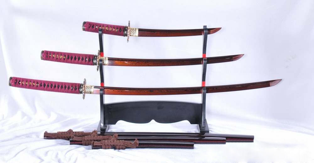 Hand Forged Red and Black Folded Steel Katana Wakizashi & Tanto Samurai Sword Set