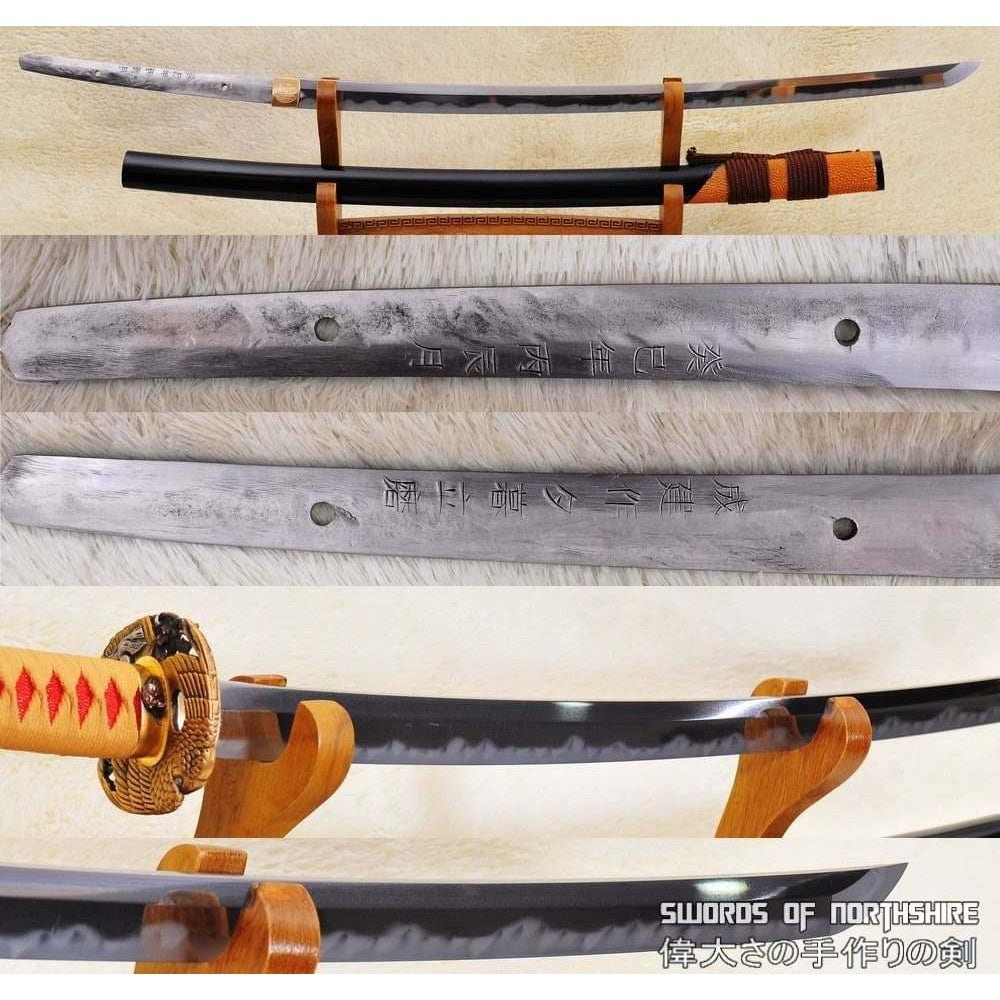 a custom katana with an orange and red tsuka