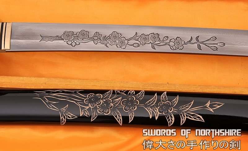 Hand Forged Folded Damascus Steel Blade Cherry Blossom Carving Samurai Katana Sword