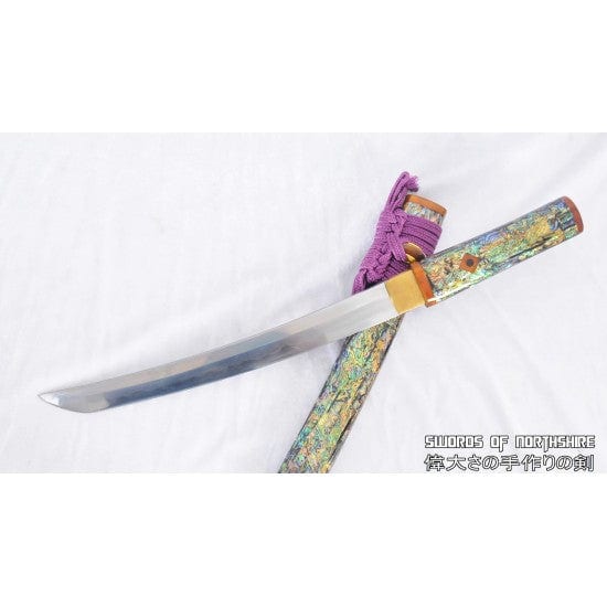 Mother of Pearl & Shell Shirasaya Feather Grain Pattern Hand Forged Folded Steel Tanto Knife