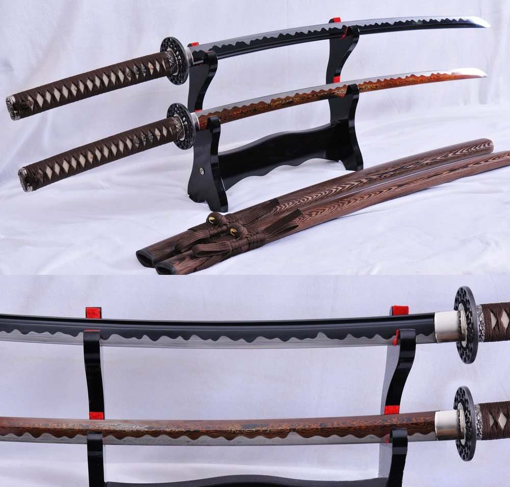 1095 High Carbon Steel Black Blade and Red Folded Steel Samurai Katana Sword Set