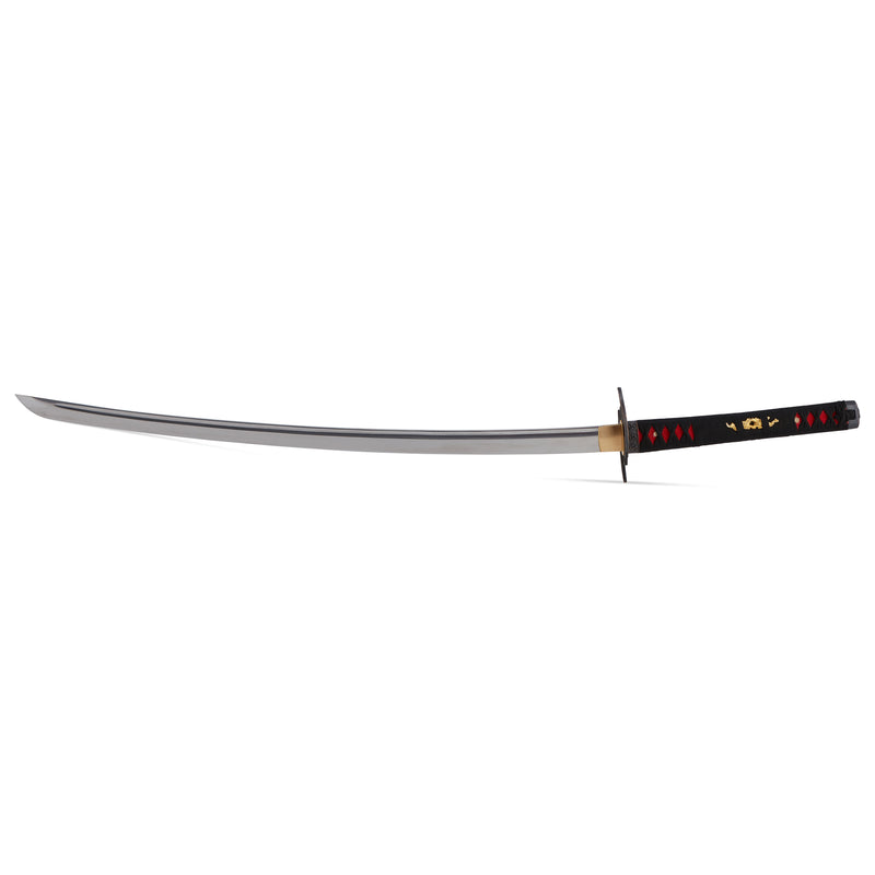 Black and red katana sword with unique bat tsuba