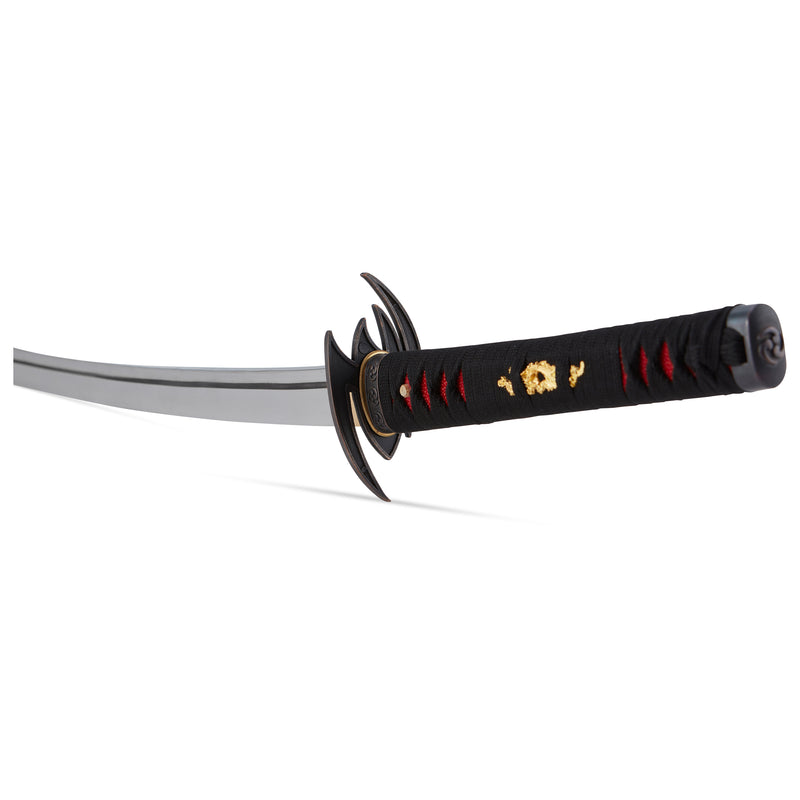 Black and red katana sword with unique bat tsuba