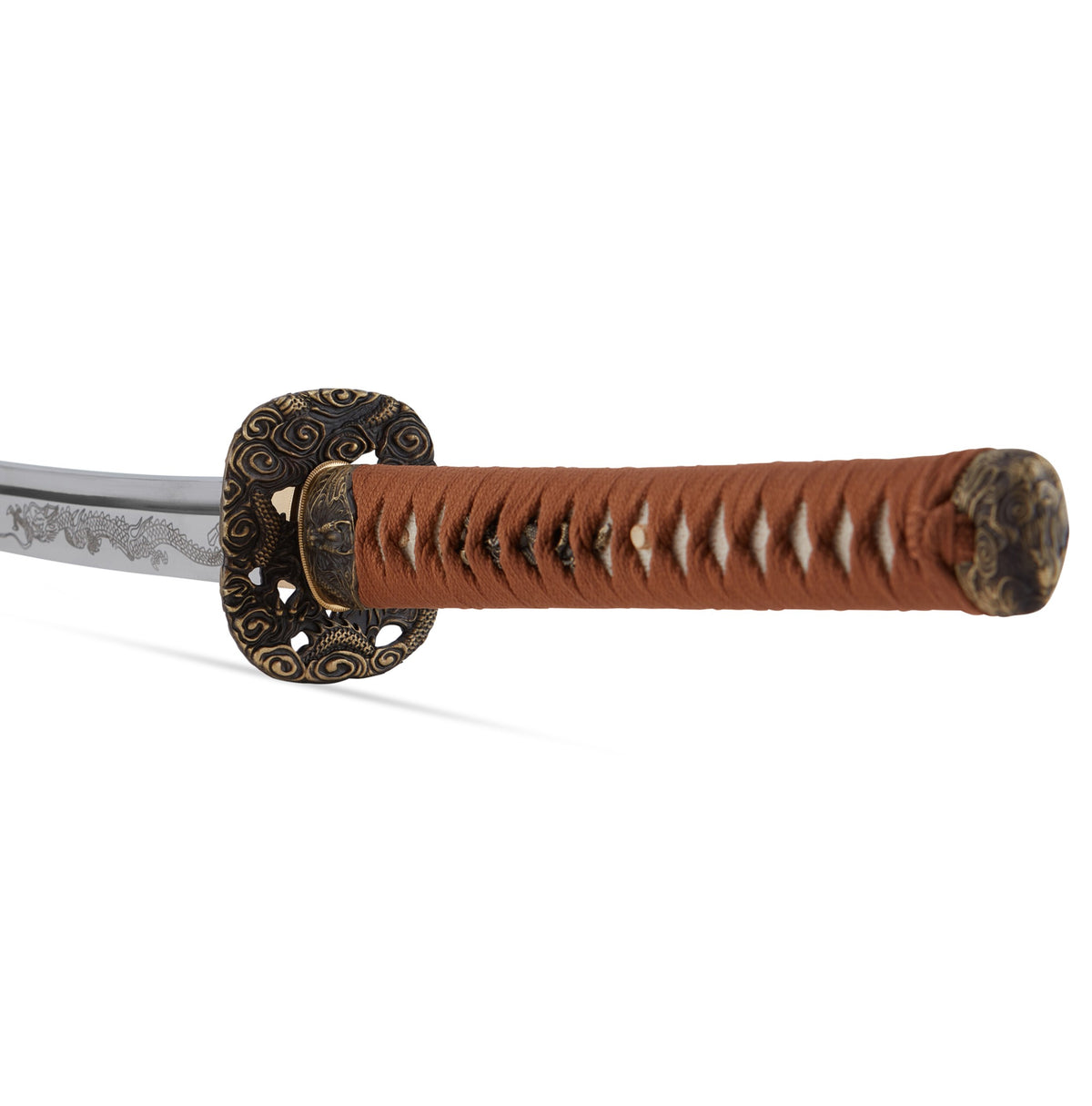 Katana sword with dragon engraving on blade and dragon saya carving. Brown accent colors