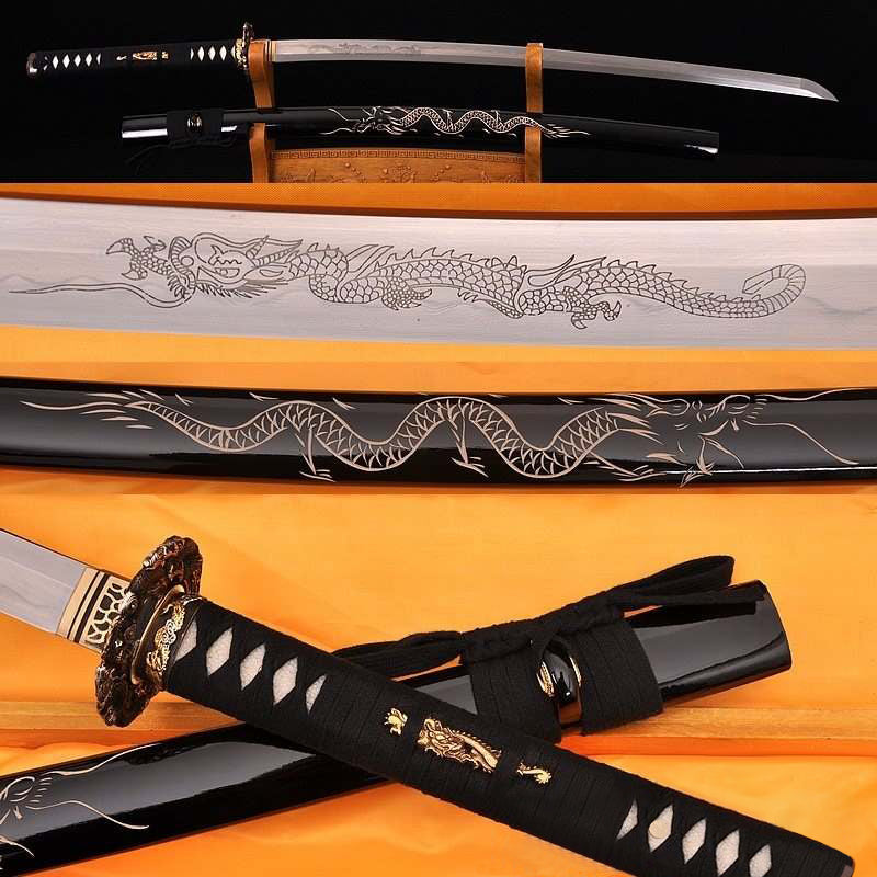 Hand Forged Folded Damascus Steel Clay Tempered Samurai Katana Dragon Sword