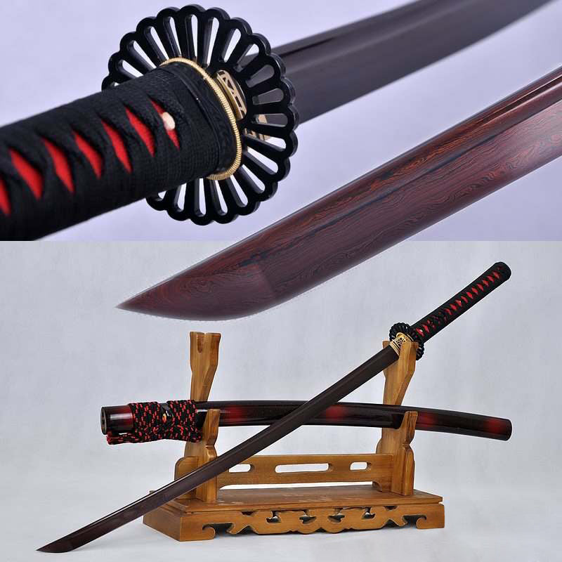 Hand Forged Black and Red Folded Damascus Steel Samurai Katana Sword