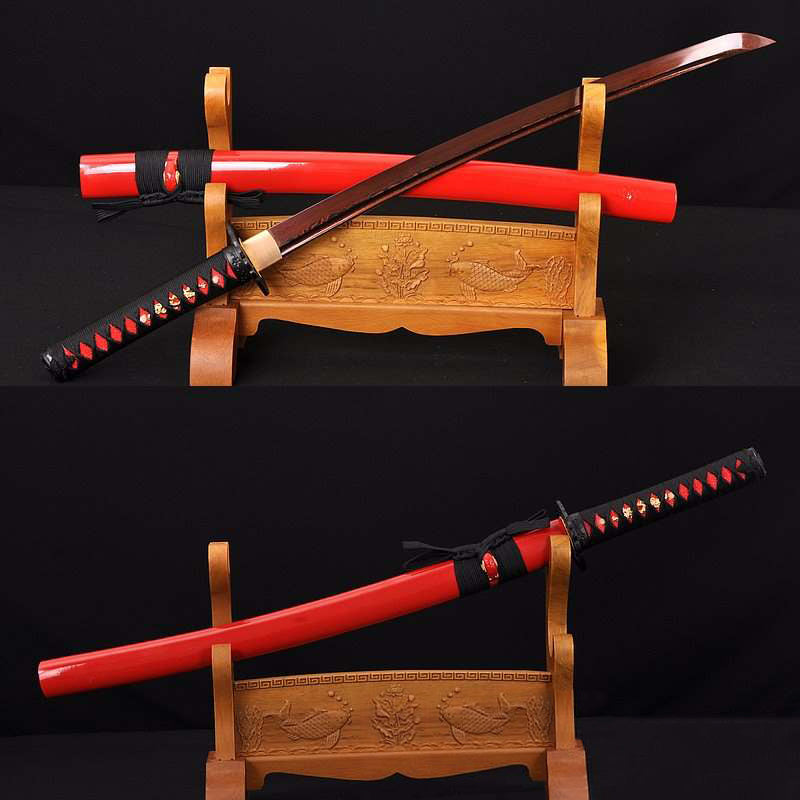 Hand Forged Black and Red Folded Damascus Steel Samurai Crane Wakizashi Sword