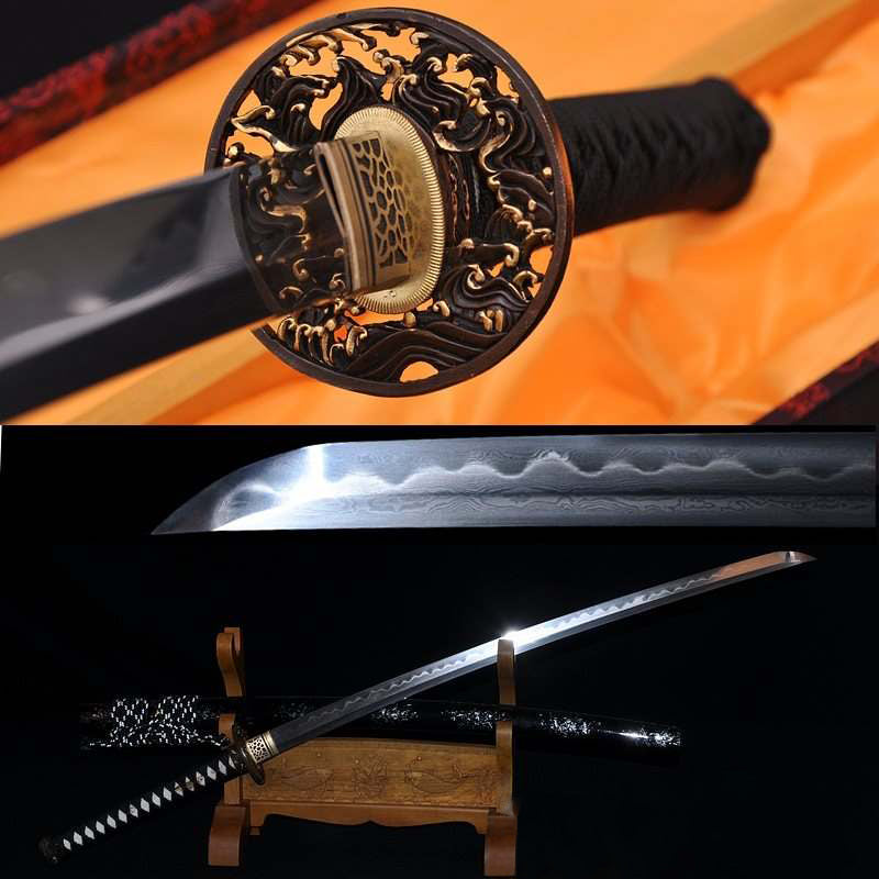 Hand Forged Folded Damascus Steel Clay Tempered Gold Wave Samurai Katana Sword