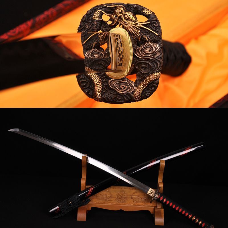 Hand Forged Folded Damascus Steel Clay Tempered Blood Dragon Samurai Katana Sword