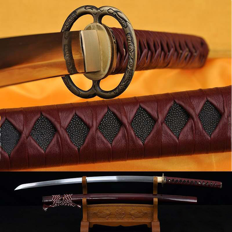 Hand Forged Folded Damascus Steel Blade Maroon Musashi Samurai Sword Katana