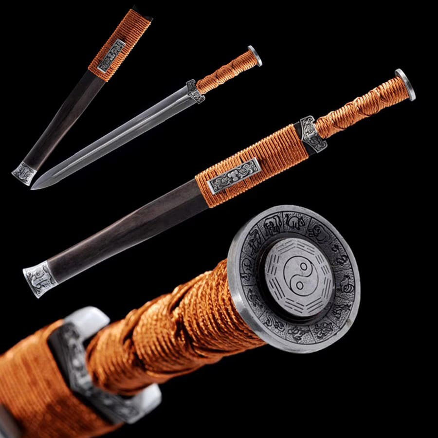 Yin Yang Short Sword Hand Forged Folded Damascus Steel Blade Battle Ready Chinese Han Jian