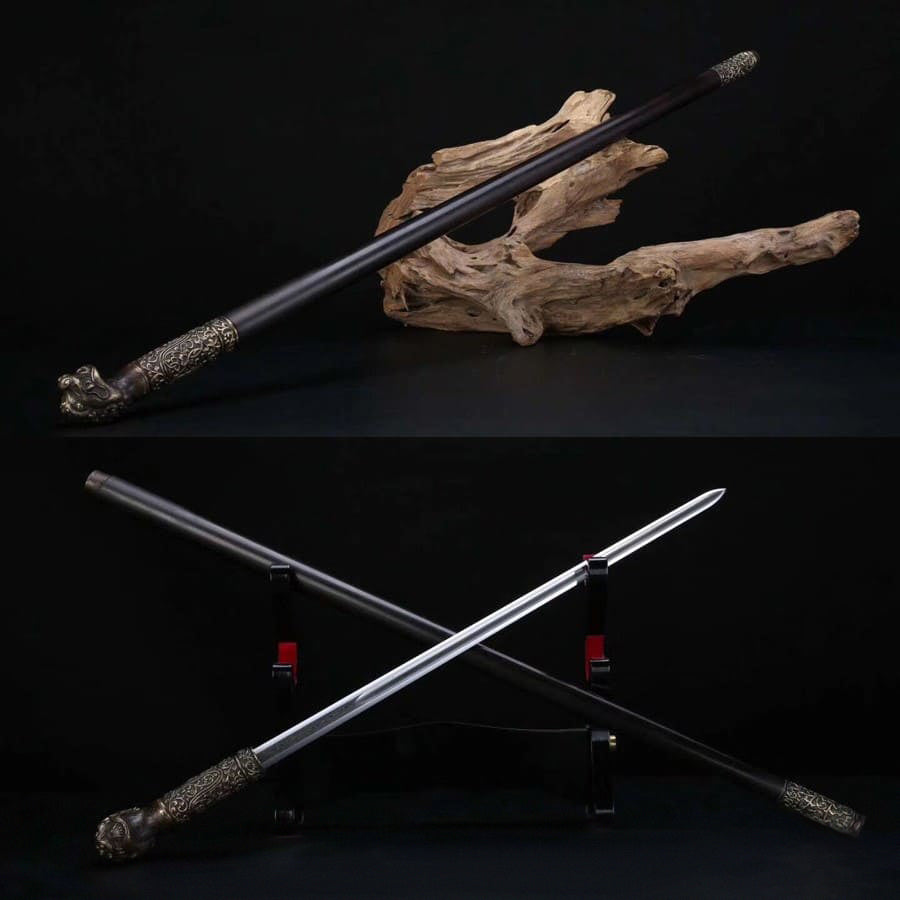 Lion Head Walking Stick Cane Sword Hiking Folded Steel Blade Jian Hand Carved Brass Fittings