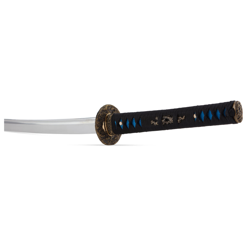 Blue and Black katana sword with ocean wave tsuba design