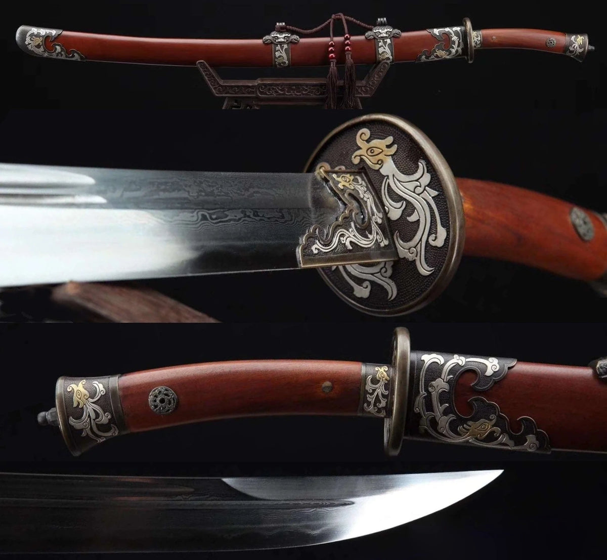 Rosewood Dragon Dao Clay Tempered & Folded Damascus Steel Blade Chinese Sword w/ Hazuya Polish