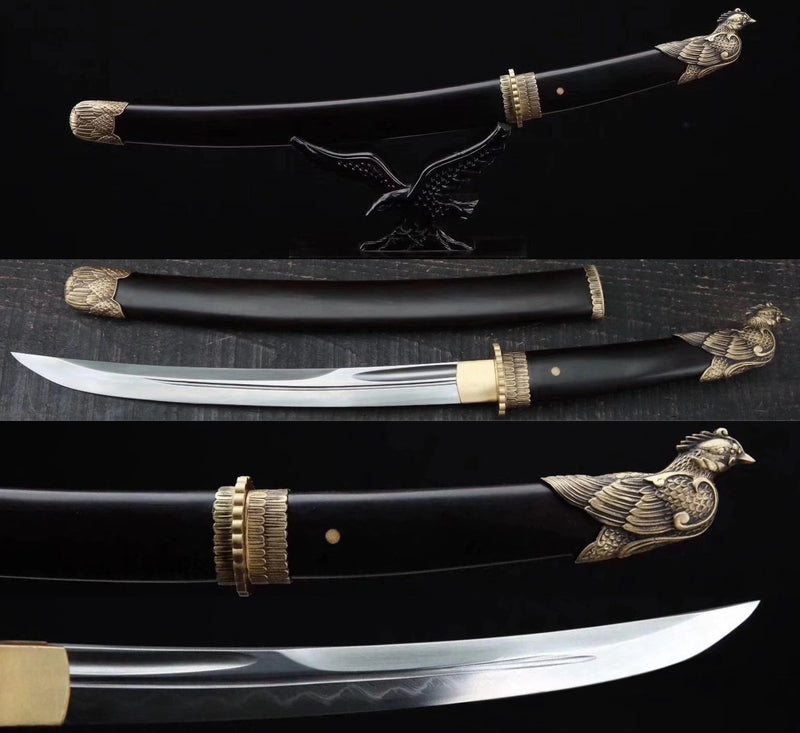 Little Falcon Dao Knife Chinese Short Sword Clay Tempered & Folded Damascus Steel Hazuya Polished Blade