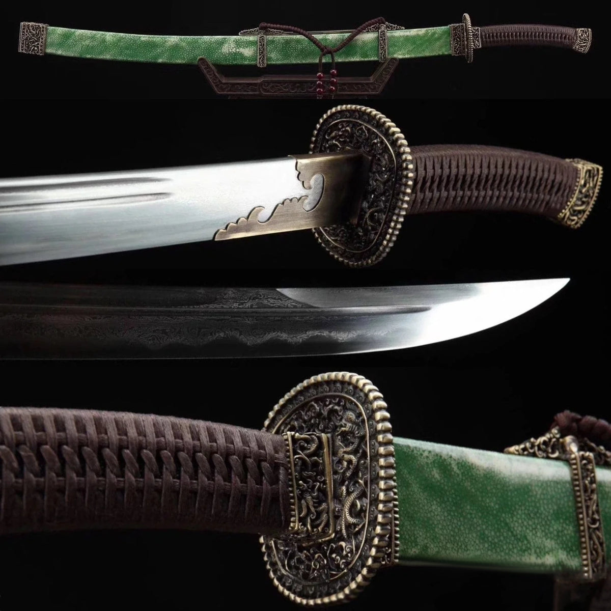 Qing Dynasty Dao Chinese Sword Clay Tempered & Folded Steel Hazuya Polished Blade Genuine Rayskin Scabbard