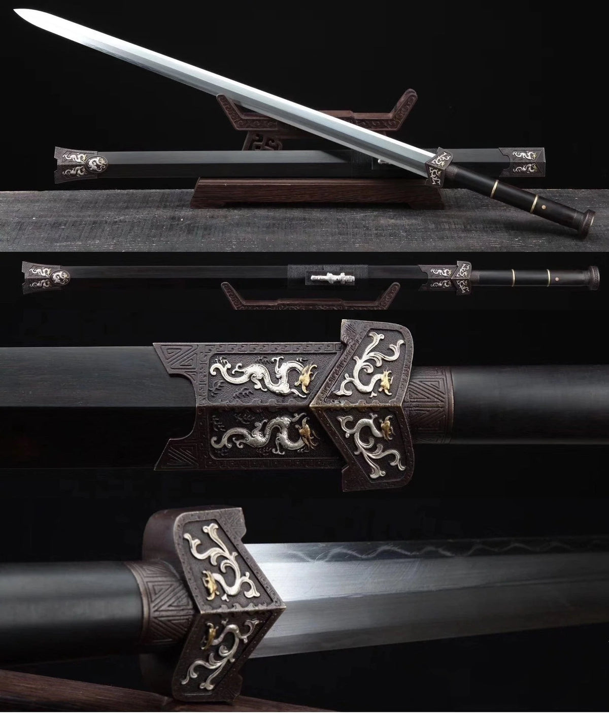 Ebony Wood Clay Tempered & Folded Damascus Steel Han Jian Battle Ebony Wood Clay Tempered & Folded Damascus Steel Han Jian Battle