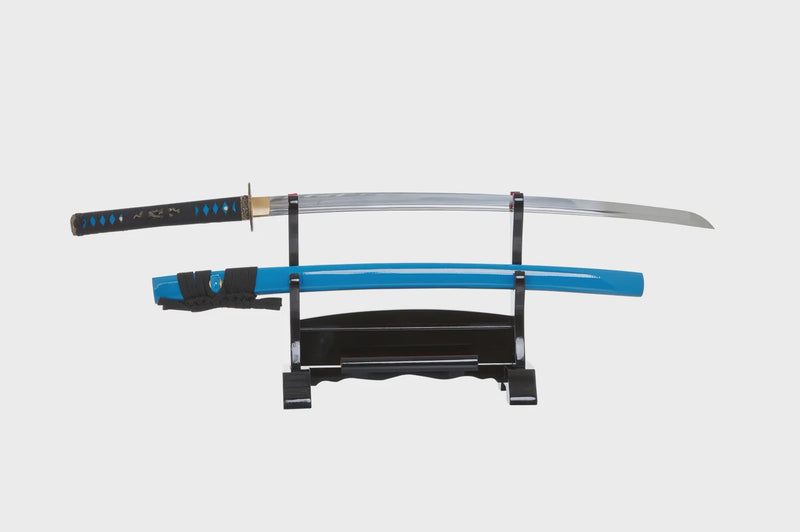 Blue and Black katana sword with ocean wave tsuba design