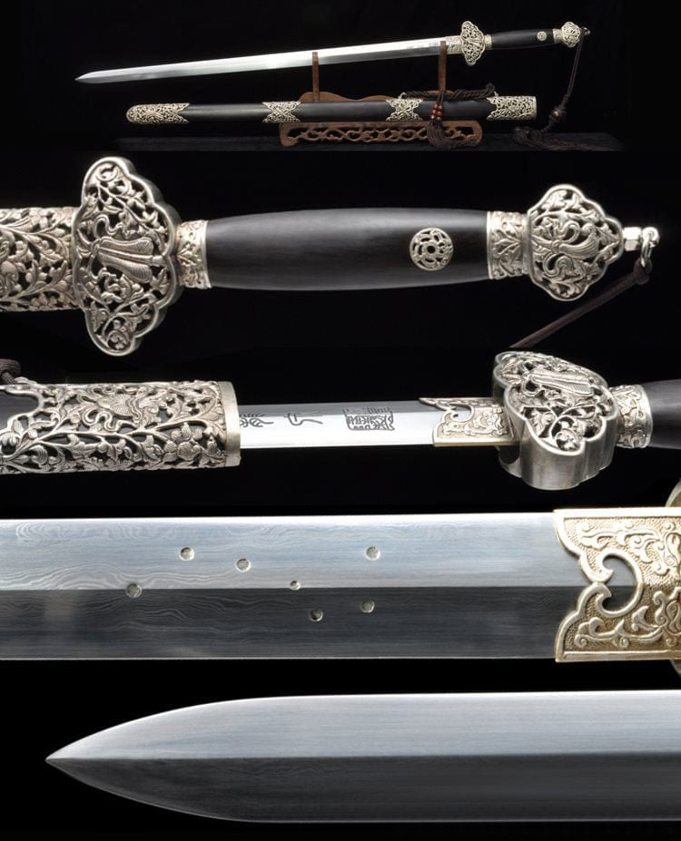 Silver Plated Flora Damascus Steel Blade Jian Kung Fu Chinese Martial Arts Wushu Tai Chi Sword