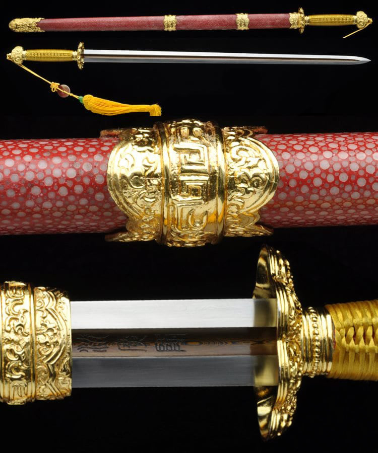 Kangxi Royal Jian Pattern Steel Blade Full Rayskin Wrap Scabbard Gold Plated Chinese Sword