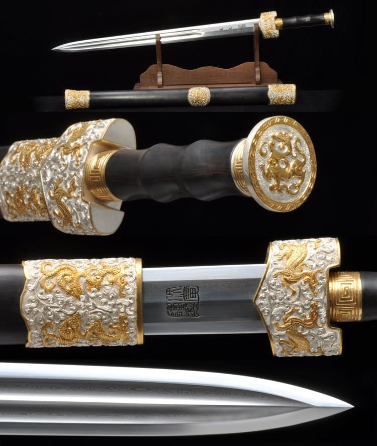 King of Yue Goujian Sword Hand Forged Folded Steel Gold & Silver Plated Chinese Tai Chi Jian