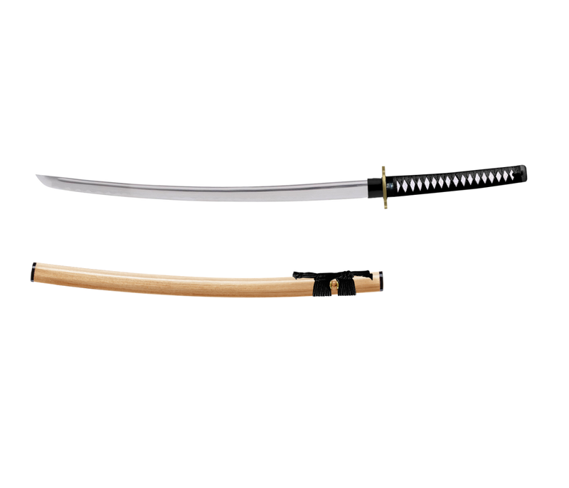 a custom katana with a black and white tsuka