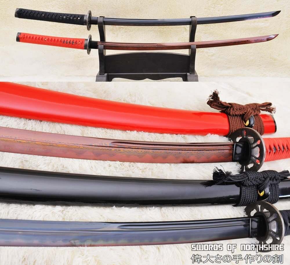 1095 High Carbon Steel + Folded Steel Sanmai Black and Red Samurai Katana Sword Set