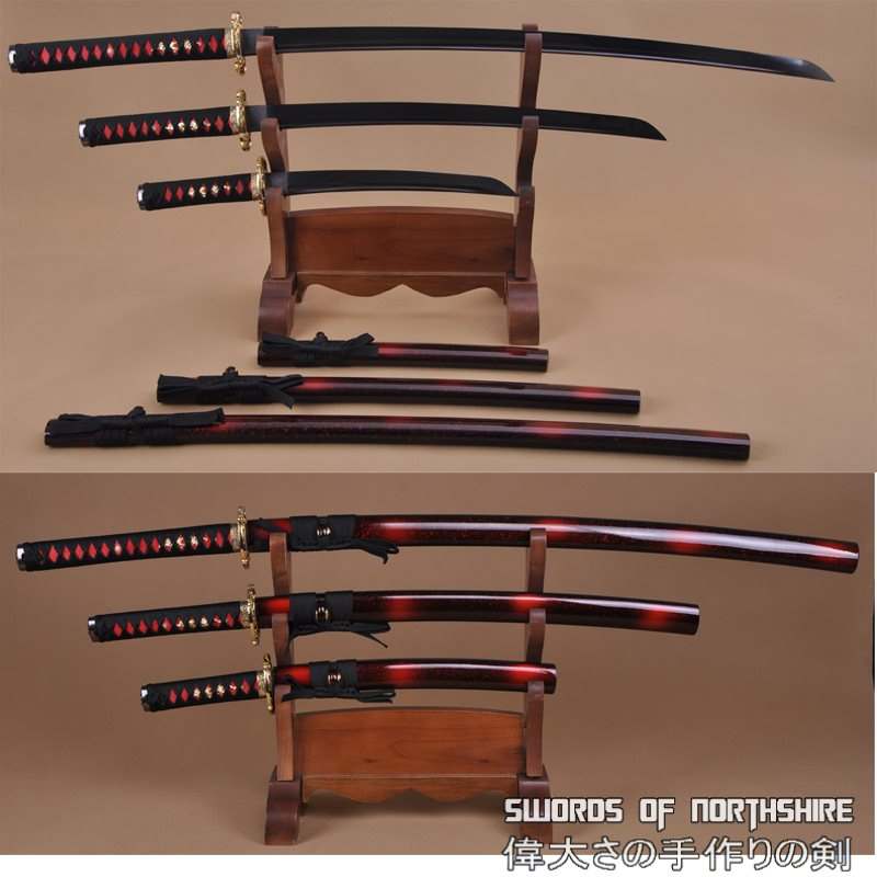 Hand Forged 1060 Steel Black Blade Katana, Wakizashi, and Tanto Samurai Daisho Sword Set