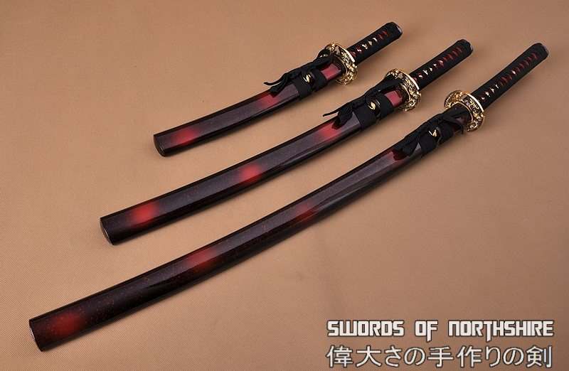 Hand Forged 1060 Steel Black Blade Katana, Wakizashi, and Tanto