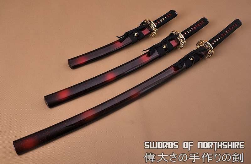Hand Forged 1060 Steel Black Blade Katana, Wakizashi, and Tanto Samurai Daisho Sword Set