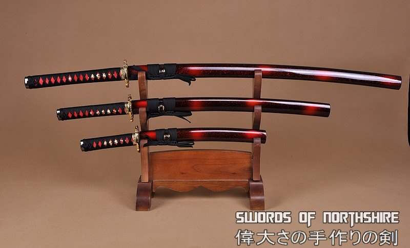 Hand Forged 1060 Steel Black Blade Katana, Wakizashi, and Tanto Samurai Daisho Sword Set