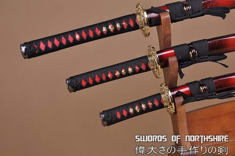 Hand Forged 1060 Steel Black Blade Katana, Wakizashi, and Tanto Samurai Daisho Sword Set