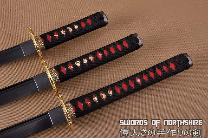 Hand Forged 1060 Steel Black Blade Katana, Wakizashi, and Tanto Samurai Daisho Sword Set