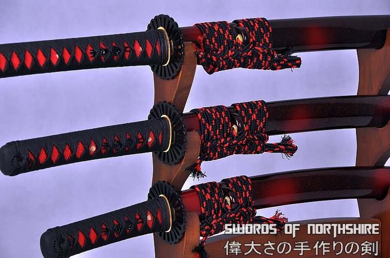 Hand Forged Black and Red Folded Steel Samurai Sword Set Katana