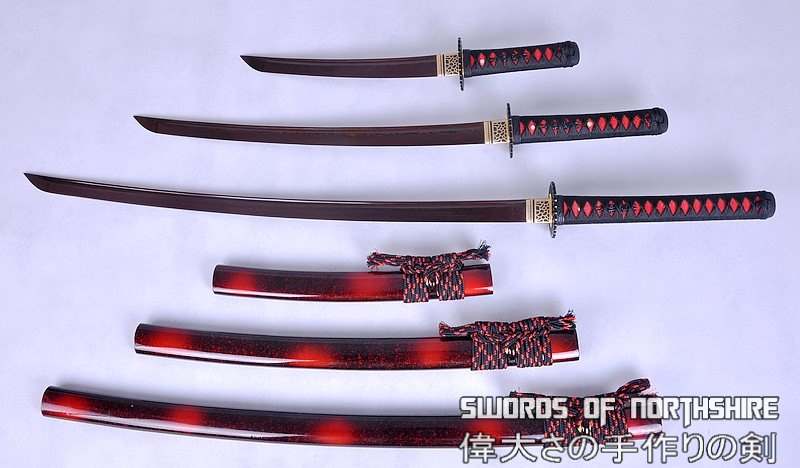 Hand Forged Black and Red Folded Steel Samurai Sword Set Katana Wakizashi & Tanto