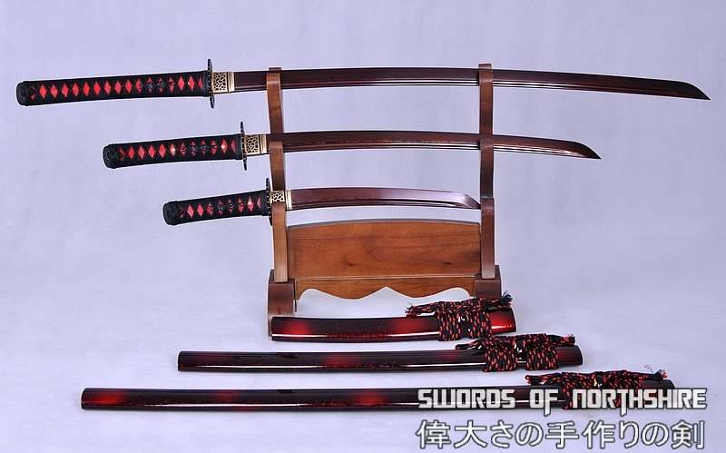 Hand Forged Black and Red Folded Steel Samurai Sword Set Katana Wakizashi & Tanto