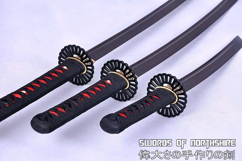 Hand Forged Black and Red Folded Steel Samurai Sword Set Katana Wakizashi & Tanto