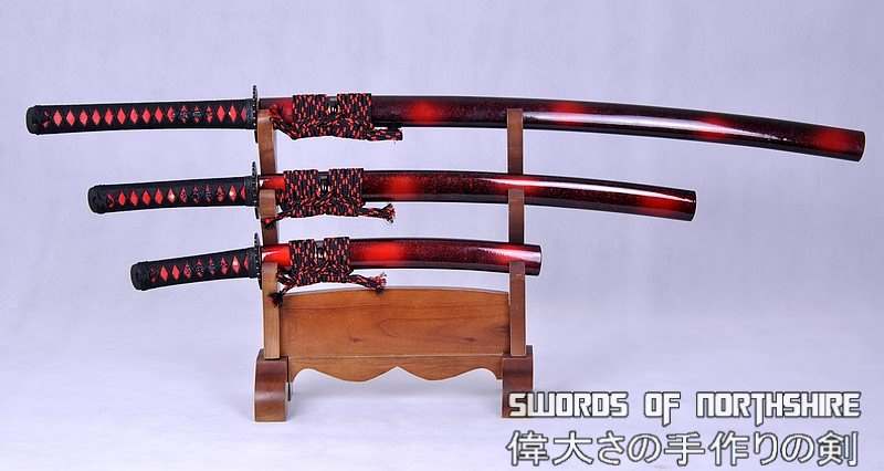 Hand Forged Black and Red Folded Steel Samurai Sword Set Katana Wakizashi & Tanto