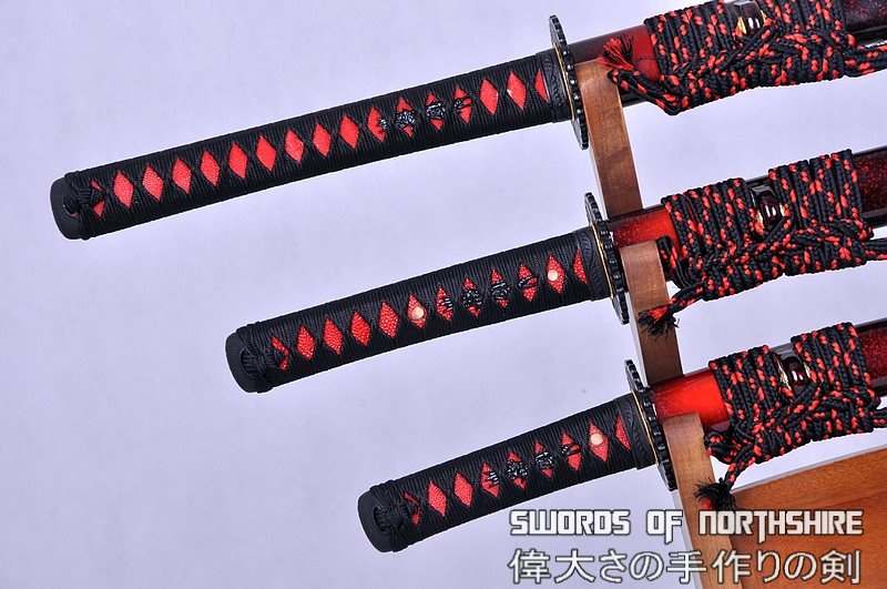 Hand Forged Black and Red Folded Steel Samurai Sword Set Katana Wakizashi & Tanto