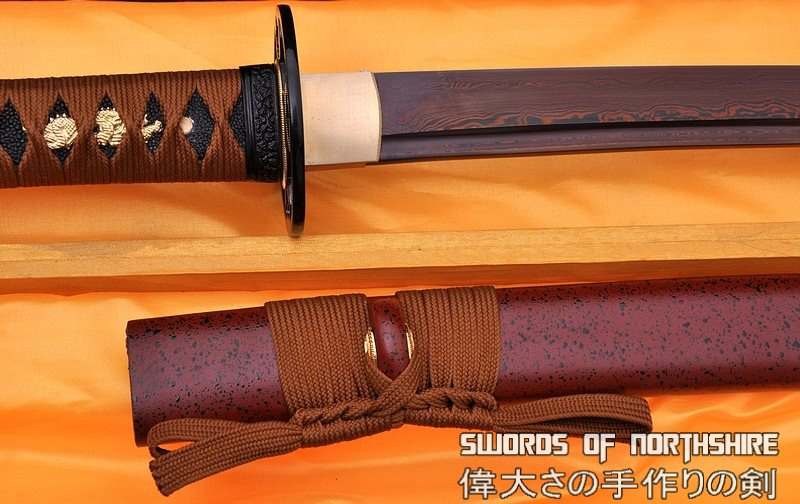 Hand Forged Black and Red Folded Damascus Steel Samurai Wakizashi Sword
