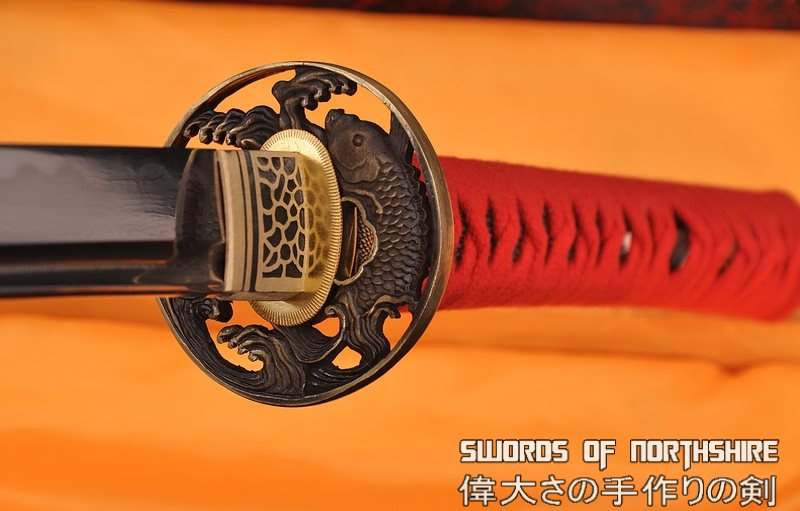Hand Forged Folded Damascus Steel Clay Tempered Koi Fish Carving Samurai Katana Sword