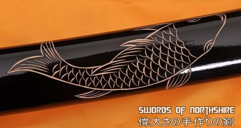 Hand Forged Folded Damascus Steel Clay Tempered Koi Fish Carving Samurai Katana Sword