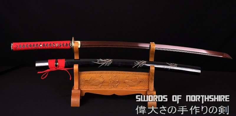 Hand Forged Black and Red Folded Damascus Steel Hand Carved Saya Katana Sword